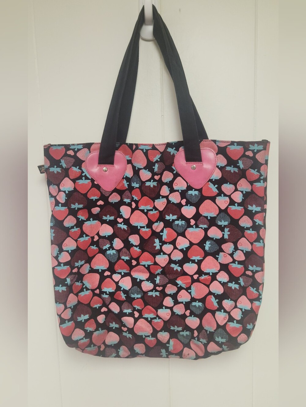 Paul Frank Pink Strawberry Print Tote Bag with Black Handles Great Shape!!